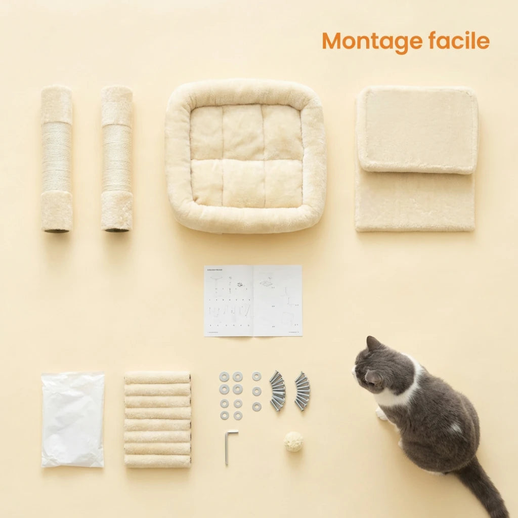 Contenu de la boîte du petit arbre à chat beige avec toutes les pièces détachées pour un montage facile