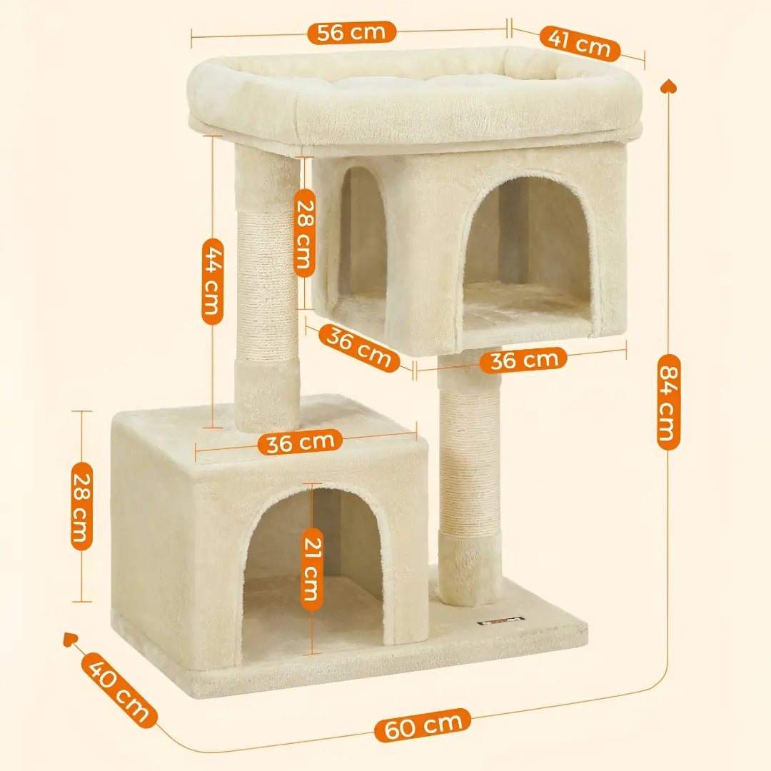 Schéma des dimensions annotées en orange du petit arbre à chat beige avec toutes les mesures