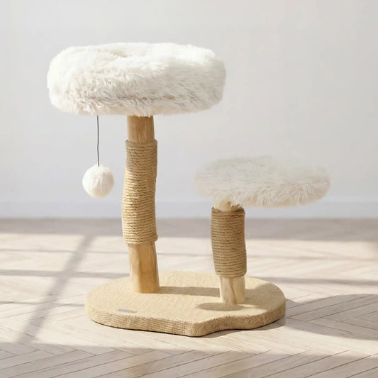 Petit arbre à chat blanc avec base large et lit moelleux lavable