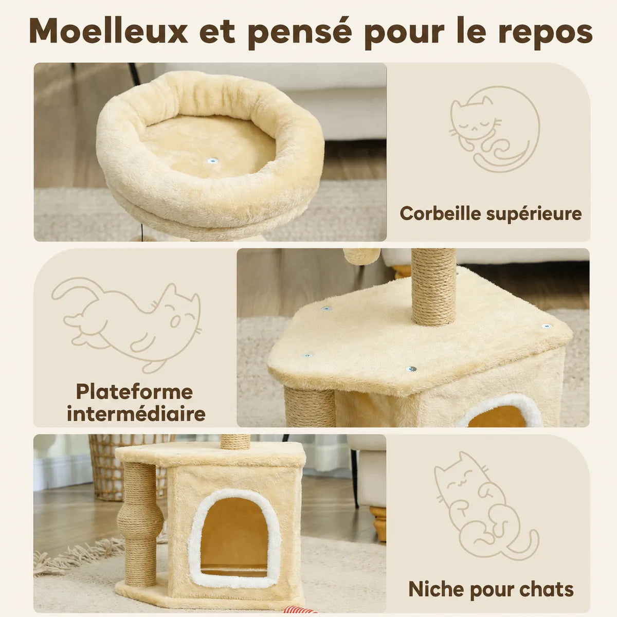 Corbeille supérieure rembourrée en beige, plateforme intermédiaire en sisal et niche fermée avec accès arrondi pour le repos du chat.