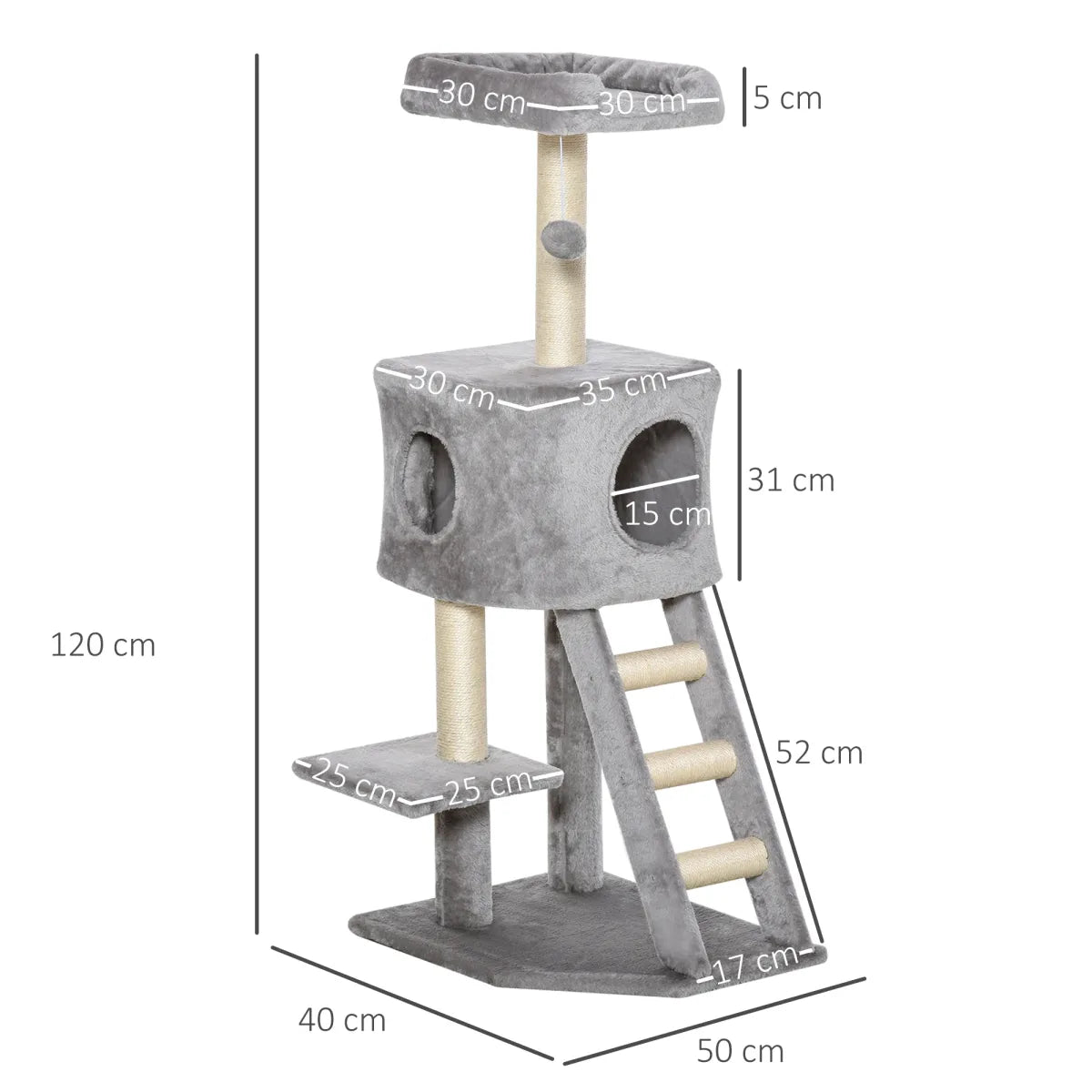 Arbre à chat gris 120 cm avec dimensions détaillées : perchoir supérieur, niche cylindrique, plateforme intermédiaire, escalier d'accès et base stable.
