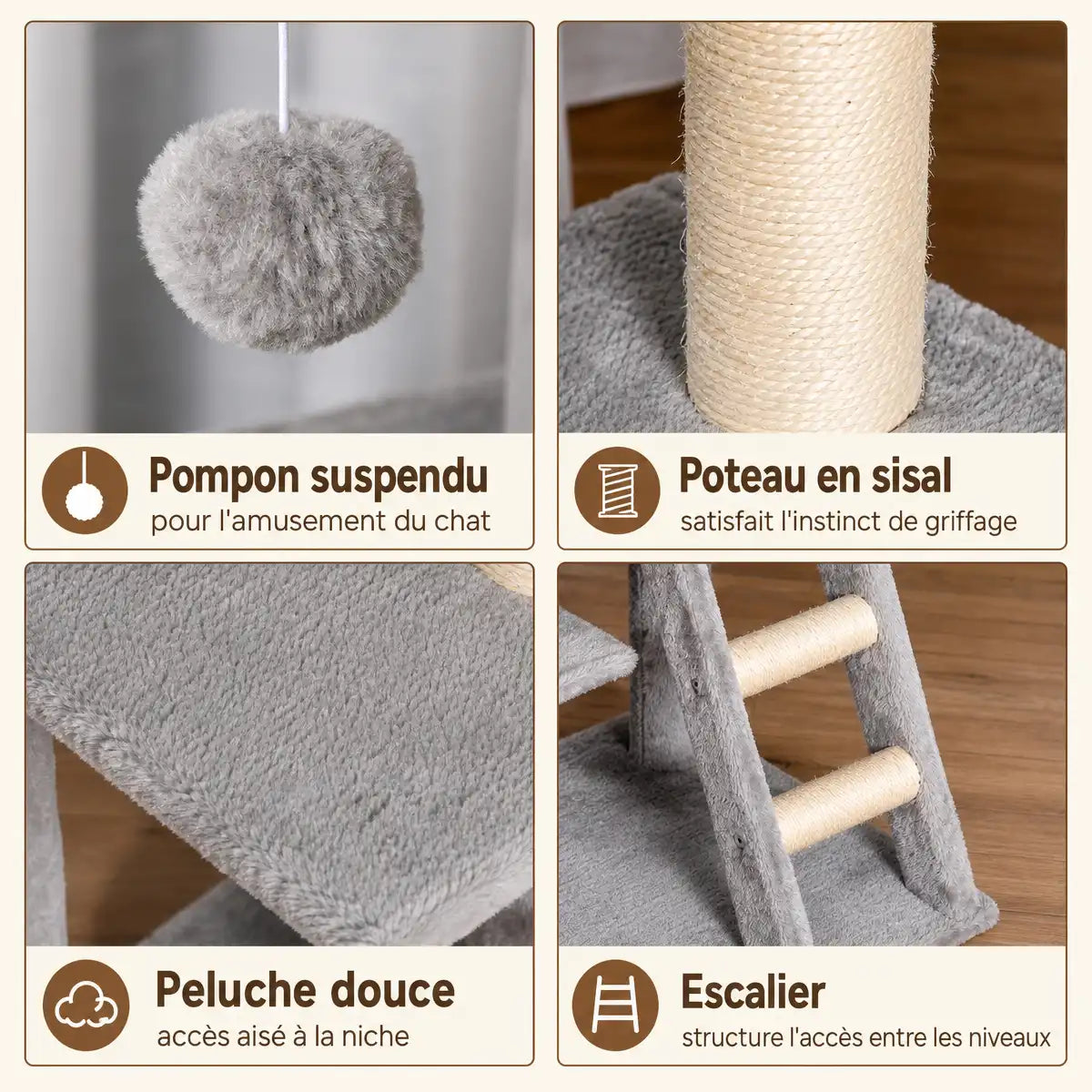 Arbre à chat gris avec escalier d'accès en peluche, poteau sisal, pompon suspendu et structure multi-niveaux.