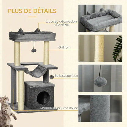 Infographie détaillée du petit arbre à chat gris : lit, griffoir, balle suspendue et poteaux à peluche douce