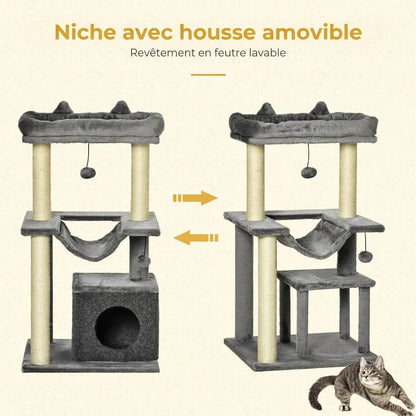 Détail de la niche du petit arbre à chat gris avec housse amovible en feutre lavable en machine