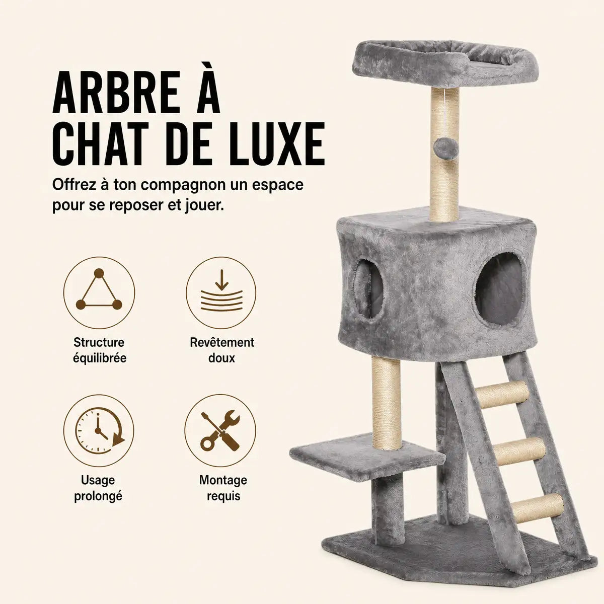 Arbre à chat gris avec niche cylindrique, plateforme intermédiaire, échelle d'accès en bois et perchoir supérieur doublé.