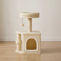 Petit arbre à chat beige corbeille ronde niche et jouet pompon 66 cm
