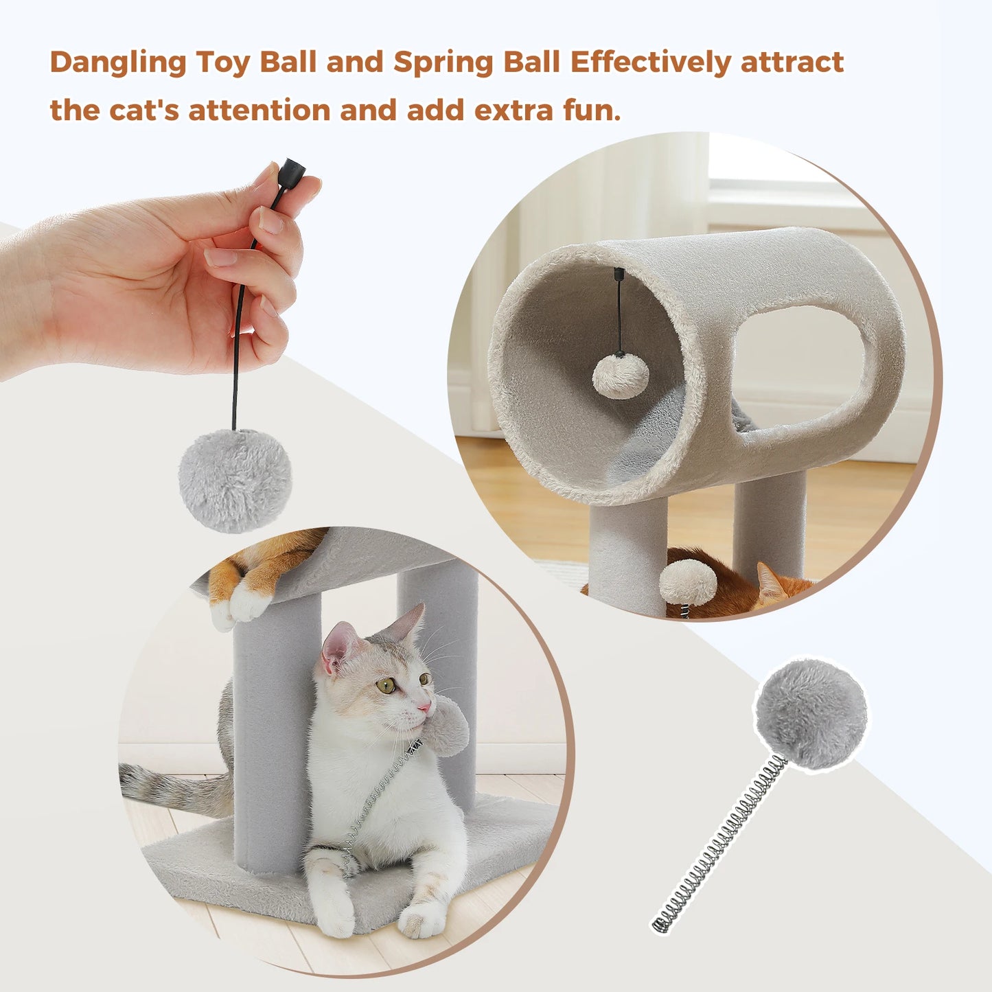 Chat gris qui joue avec la balle à ressort suspendue du petit arbre à chat tunnel double gris