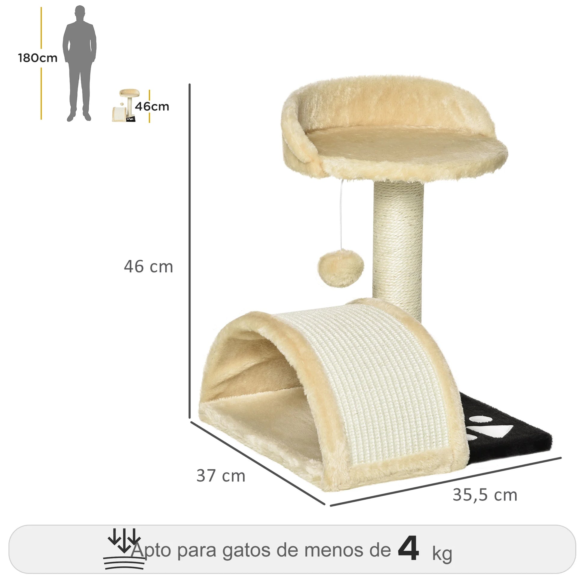 Schéma des dimensions du petit arbre à chat tunnel beige : 46 cm de hauteur, 37 cm de largeur, adapté aux chats de moins de 4 kg