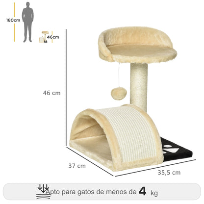 Schéma des dimensions du petit arbre à chat tunnel beige : 46 cm de hauteur, 37 cm de largeur, adapté aux chats de moins de 4 kg
