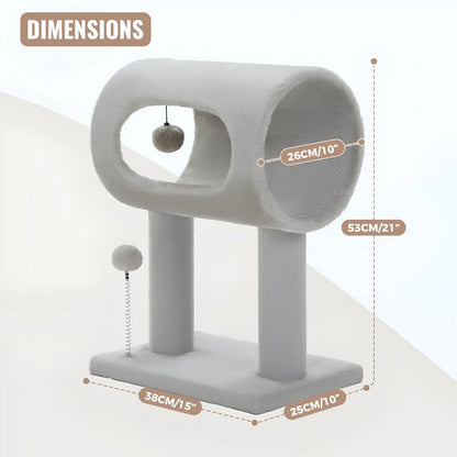 Schéma technique des dimensions du petit arbre à chat tunnel gris avec hauteur 53 cm et largeur 26 cm