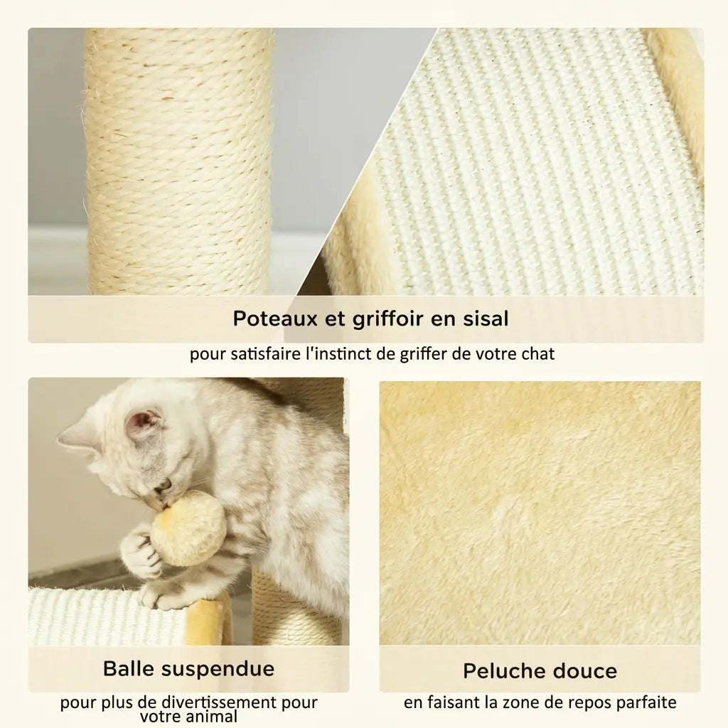 Gros plan des matériaux du petit arbre à chat tunnel : griffoir sisal, peluche douce et balle suspendue