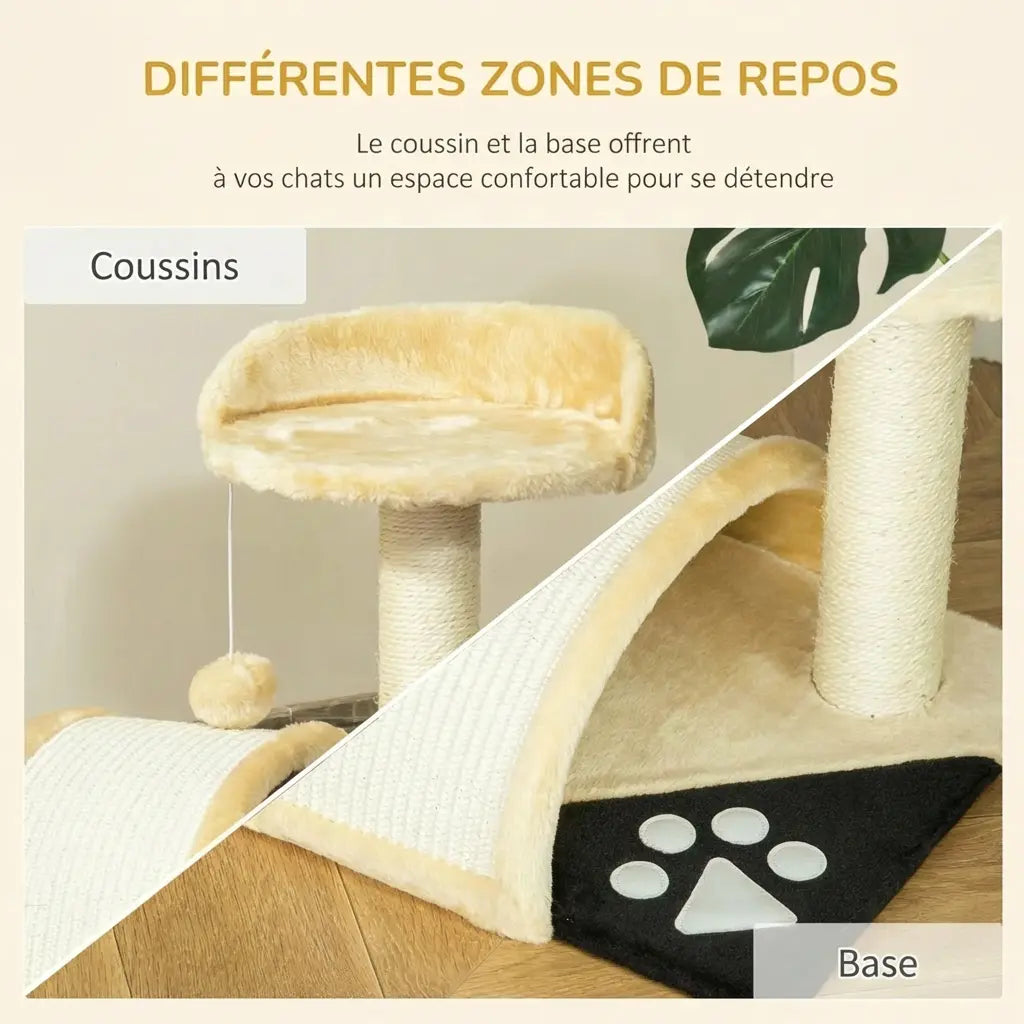 Les différentes zones de repos du petit arbre à chat tunnel avec coussin et base, plante monstera en arrière-plan