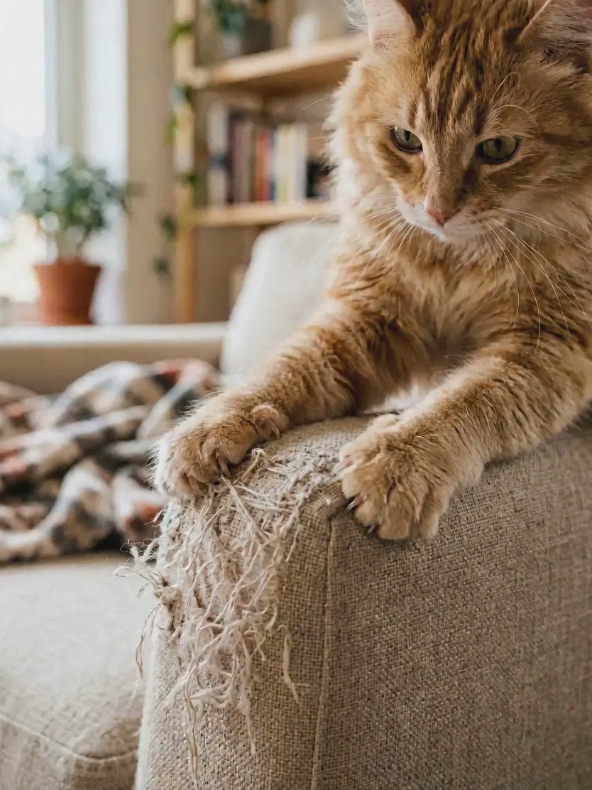 Chat roux qui griffe un canapé en tissu beige et tire les fils