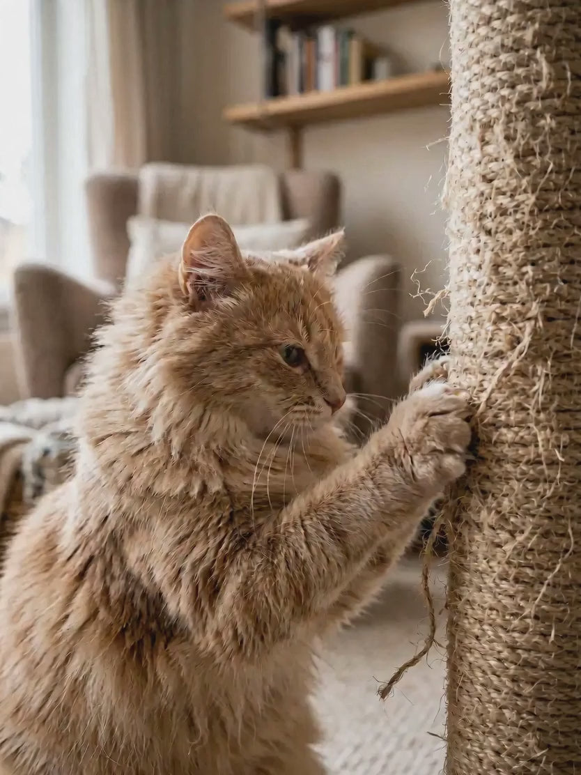 Chat roux qui griffe le poteau en sisal d'un arbre à chat, dressé sur ses pattes arrière